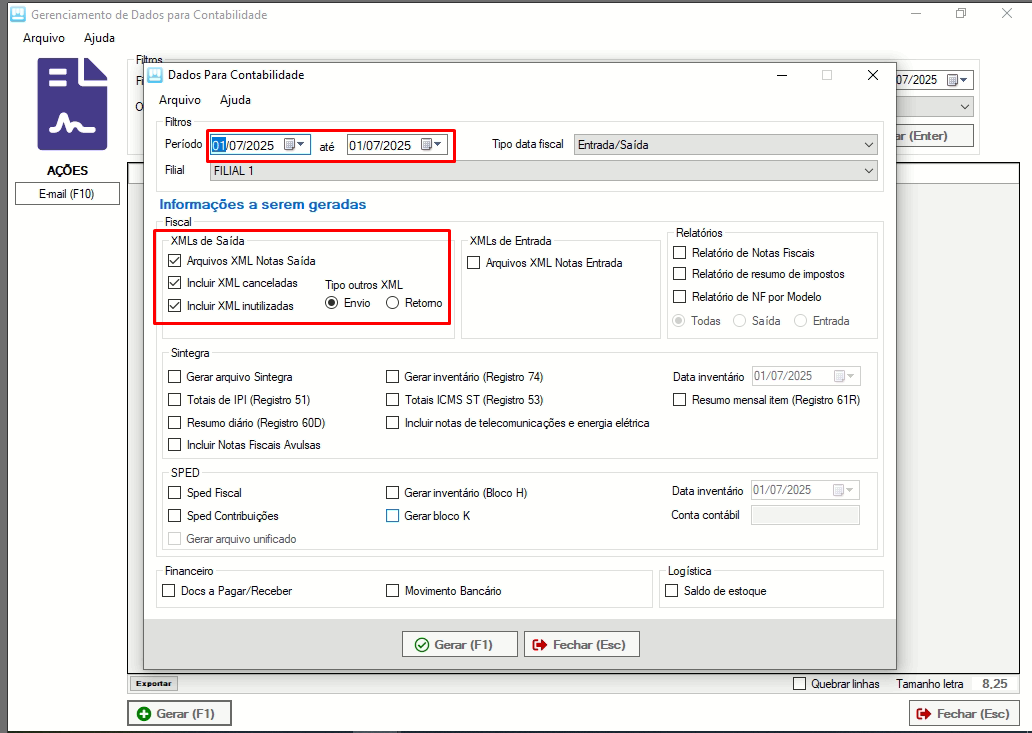Opções de Exportação