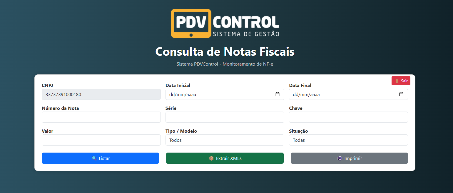 Tela principal de consulta de NF-e