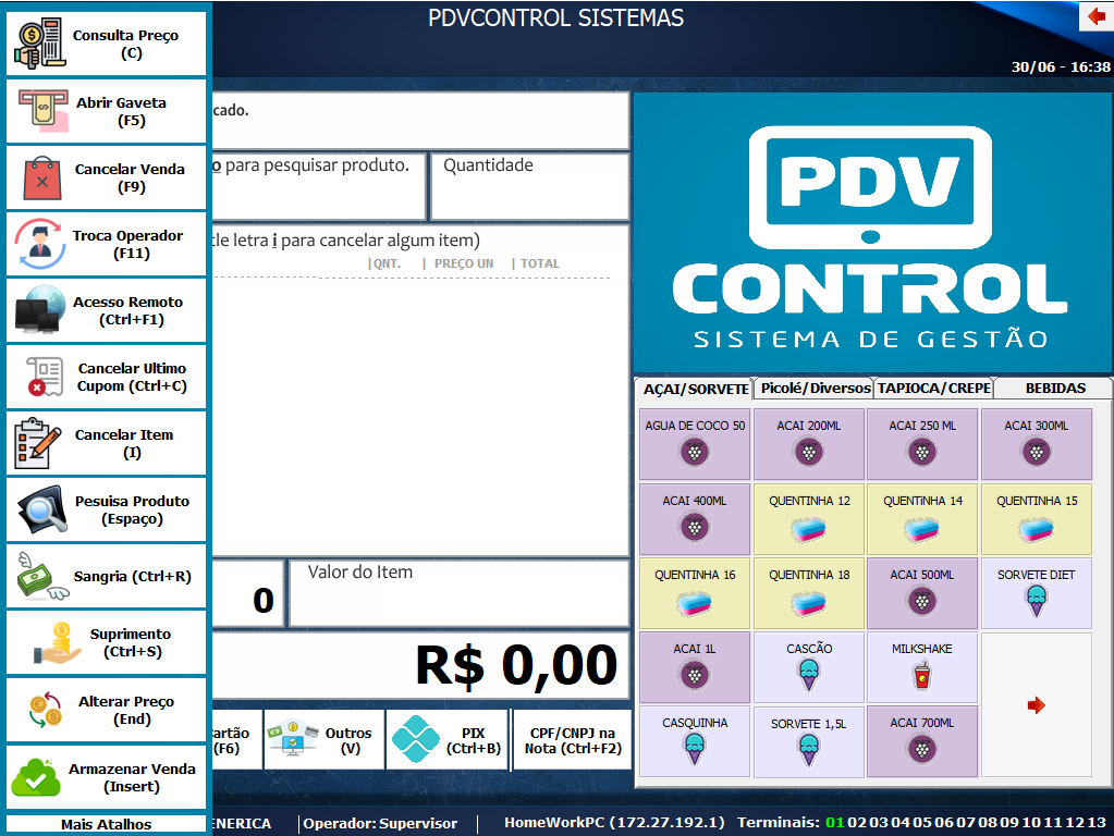 Menu lateral aberto com os atalhos