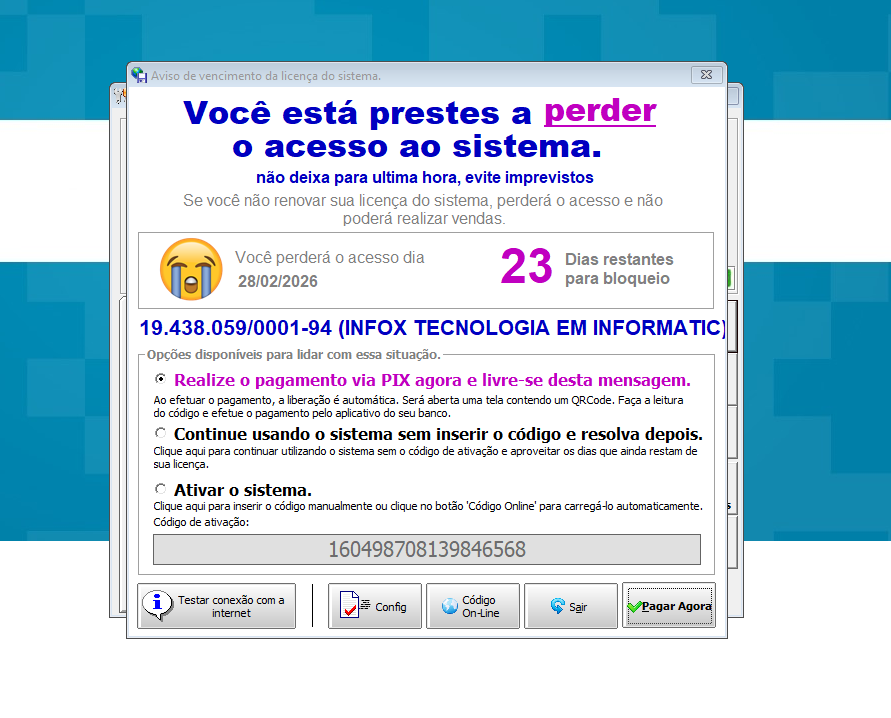 Aviso de vencimento da licença no PDVControl