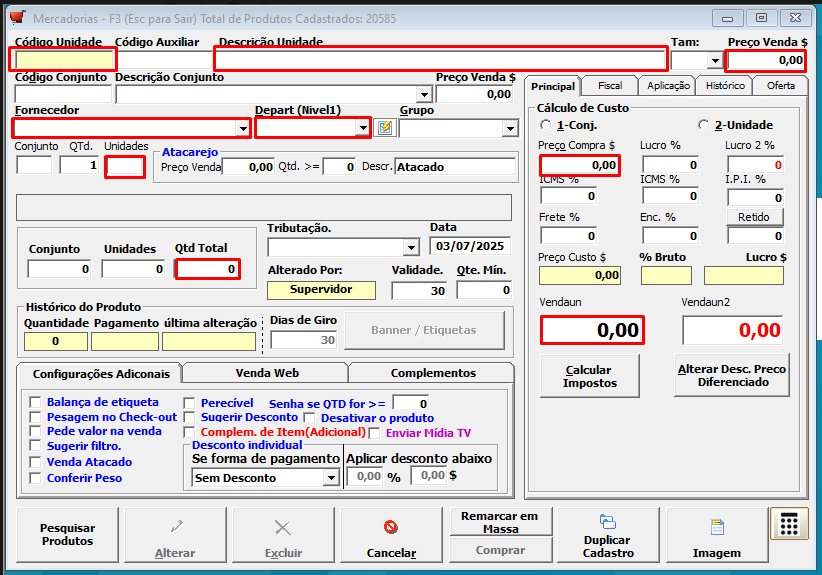 Tela principal do cadastro de produtos
