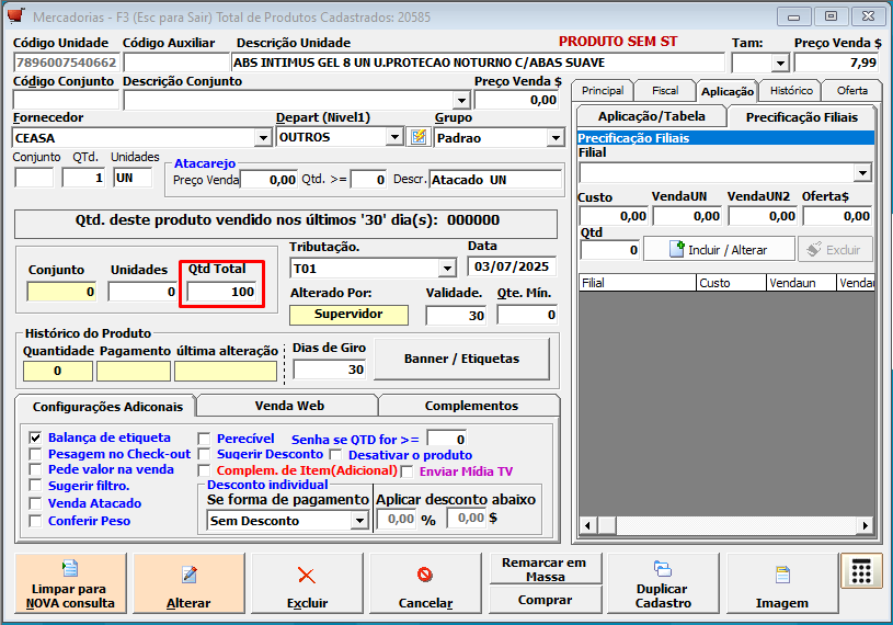 Campo Qtd Total do Estoque