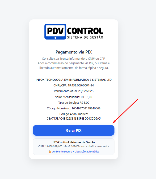 Dados da licença para pagamento PIX
