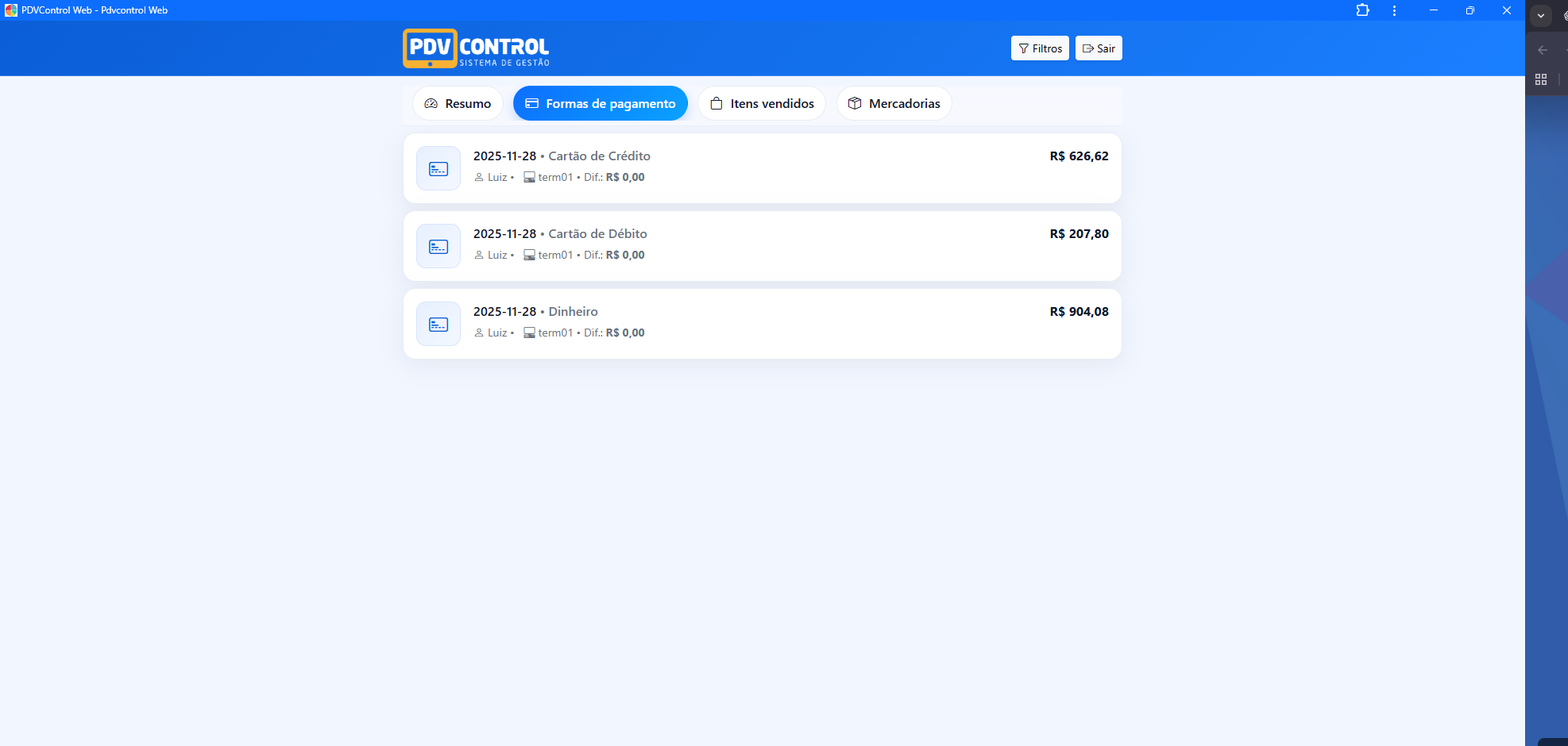 Formas de pagamento no PDVControl Web
