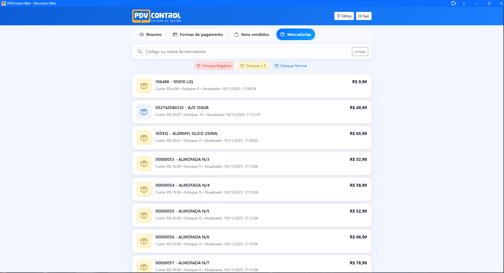 Controle de estoque no PDVControl Web