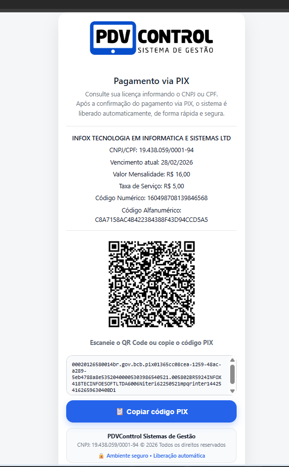 PIX gerado para pagamento