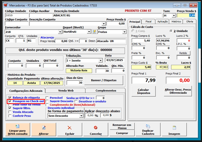 Ativando pesagem no checkout no cadastro de produtos