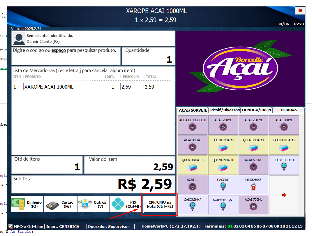 Botão CPF na nota no rodapé do PDV