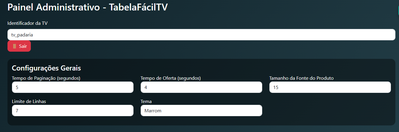 Tela de configurações gerais da TV